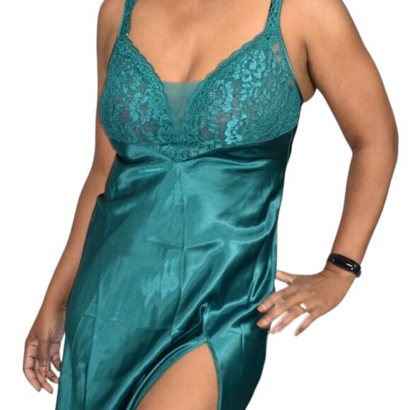 Vintage Victorias Secret Nightgown Green Satin Maxi Slip High Slit Gold Label XS - Picture 4 of 16